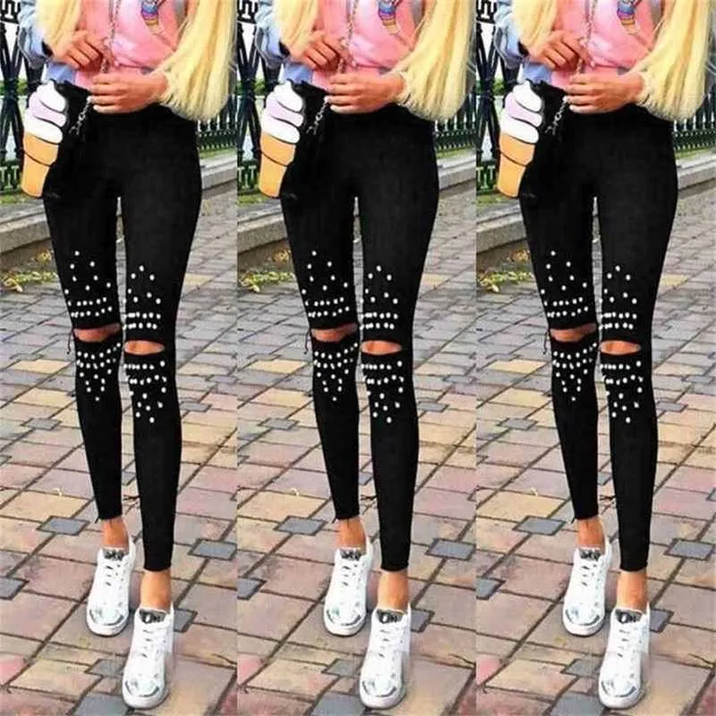 Casual Chic Leggings Knee Hole Trendy Stretch Cut Holes Pärlor Dekoration Lady Byxor Skinny High Waist 210925