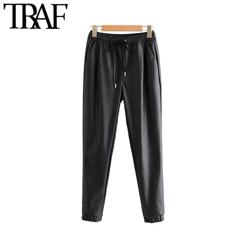 Trafik Kvinnor Faux PU Läderfickor Byxor Vintage Mode Elastisk Midja Drawstring Slips Ladies Ankelbyxor Pantaloner Mujer 211112