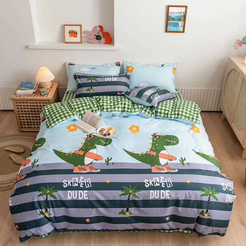 Мультяшный стиль динозавров напечатанный постельное белье пододеяльник с плоским листом наволочка кровать для мальчика Девушка День рождения подарки 210615