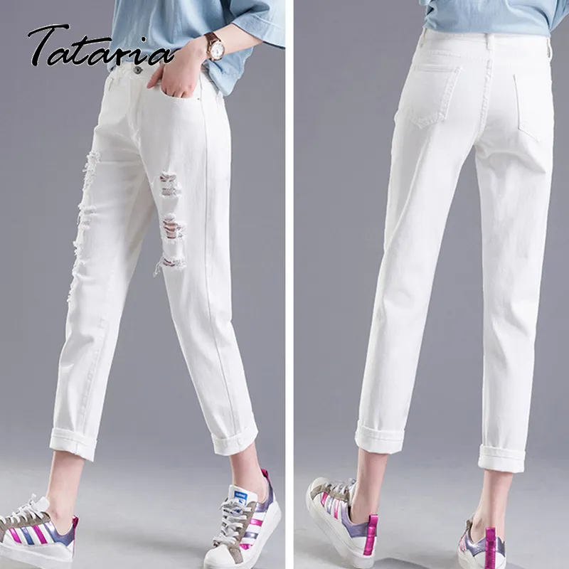 Plus Size White Ripped Boyfriend Ankle Jeans Women Casual Spring Summer Plain Denim Harem Pants Trousers Womans 210514