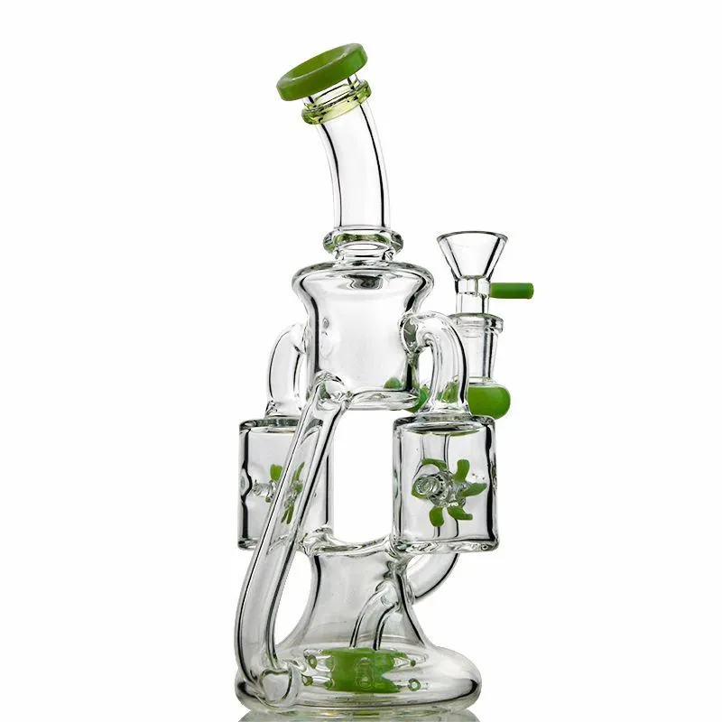 Unique Hookahs Double Recycler Glass Bong Propeller Percolater Water Pipes Green Purple Glass Bongs 14mm Joint Oil Dab Rigs With Bowl