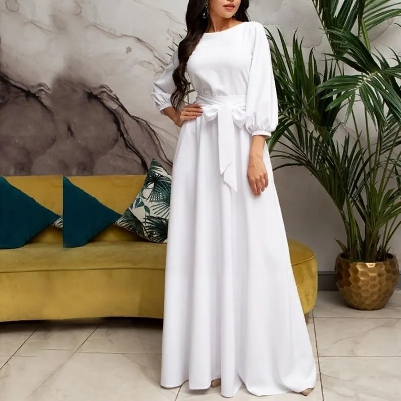 Boho Chic Vintage White Maxi white maxi dress with Bow Tie and Lantern Sleeves Elegant Bandage Style for Women Floor Length and Solid O Neck Style 210325