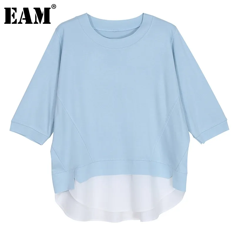 [EAM] Dames Blauw Zwart Big Size Casual Onregelmatige T-shirt Ronde hals Korte Mouw Mode Lente Zomer 1DD6740 210512