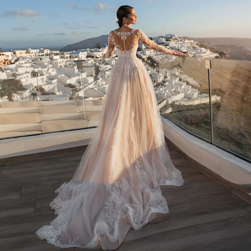 cute long dresses for weddings Sexy Floral A-Line Boho Wedding Dress Elegant Illusion Long Sleeves  Plunging Neckline Split Front Maxi Bridal Gown