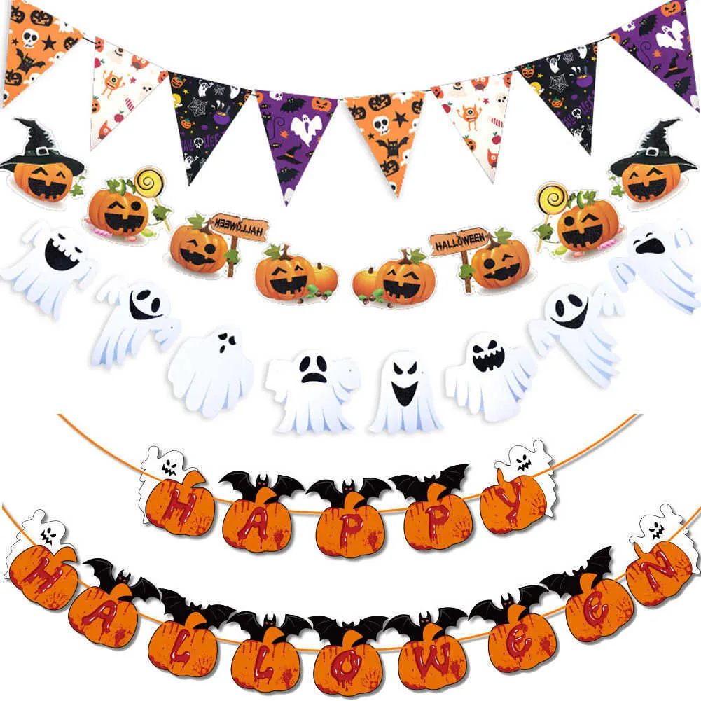 1set Halloween Paper Banners Pumpkin Ghost Bat Trick Or Track Kids Favor Happy Halloween Party Haunted House Bar Decorations Y0730