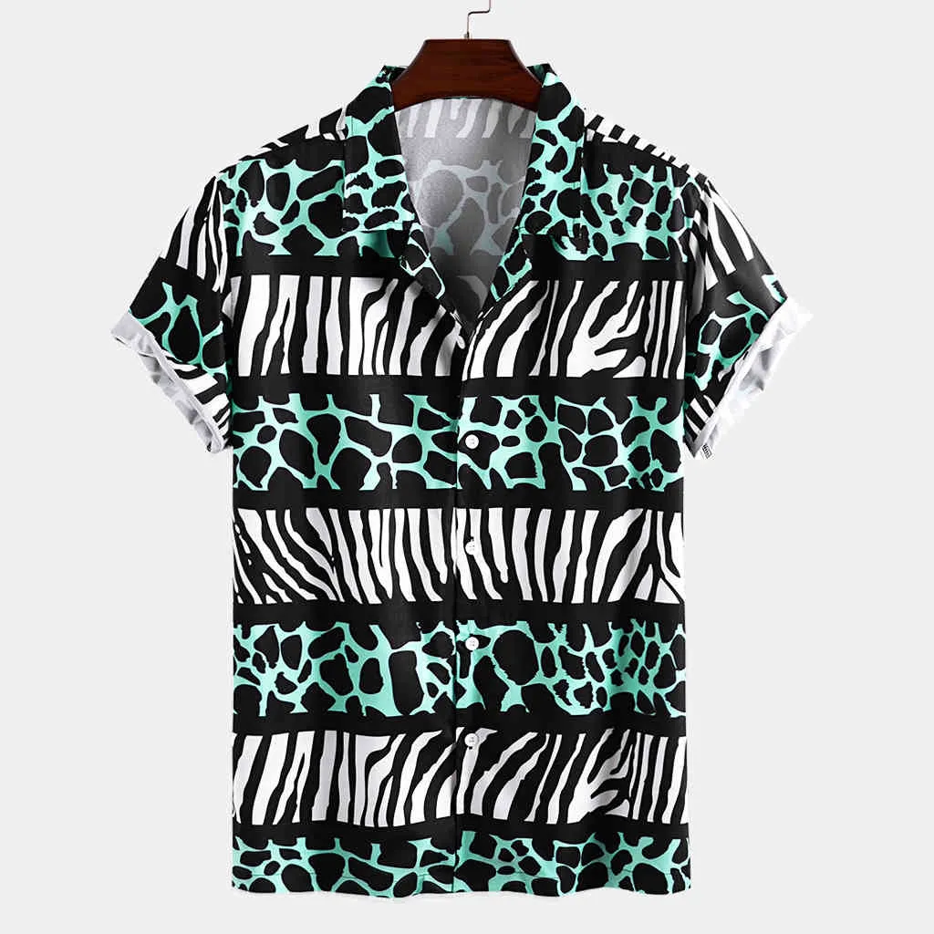 Camicie leopardate da uomo Beach Hawaiian Casual Holiday Patchwork Camicia da uomo Oversize Holiday manica corta Camisas Zebra Splice Camisa 210524