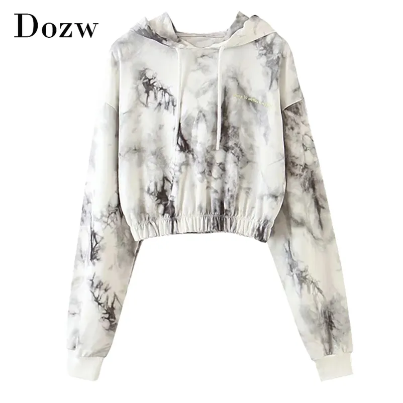 Women Fashion Printed Cropped Hoodies Sweatshirts Batwing Long Sleeve Casual Pullover Top Female Hooded Sweatshirt 210515