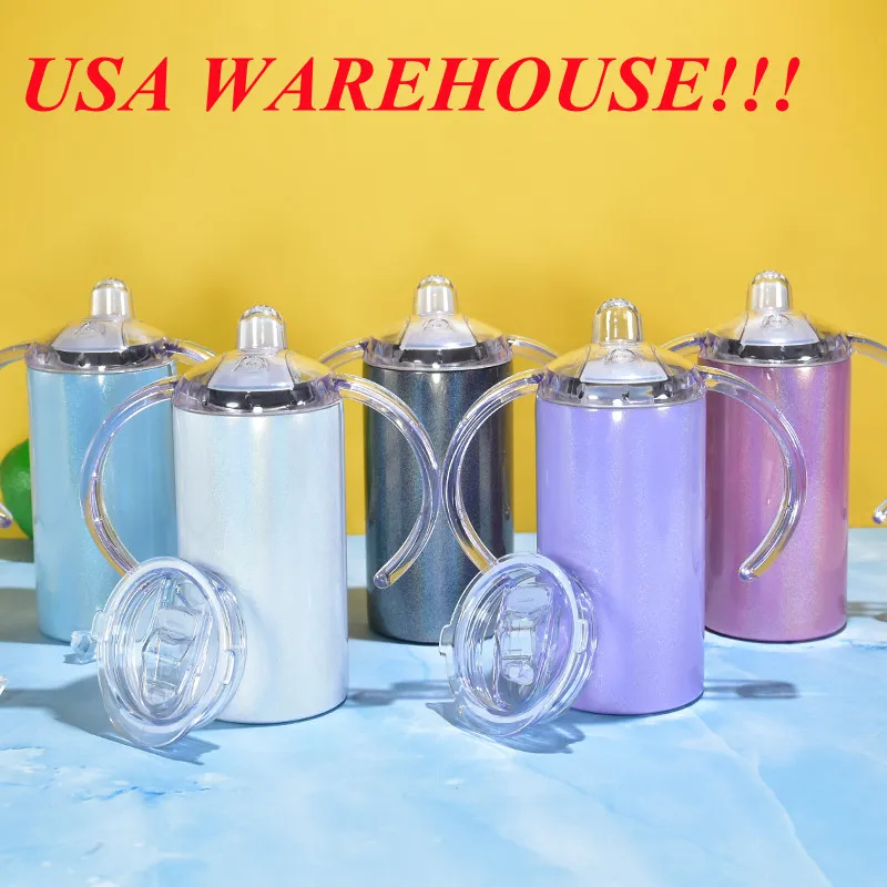 local warehouse!!!sublimation glitter sippy cup 12oz straight tumbler with 2 LIDS kids cup watter bottle with handle stainless steel kid water