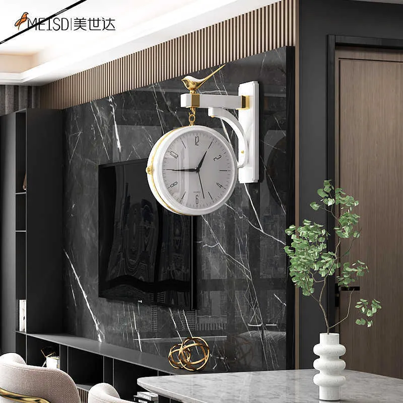 MEISD suspendu 3D rotatif horloge murale résine Double face montre murale maison oiseau décor salon silencieux Horloge 210724