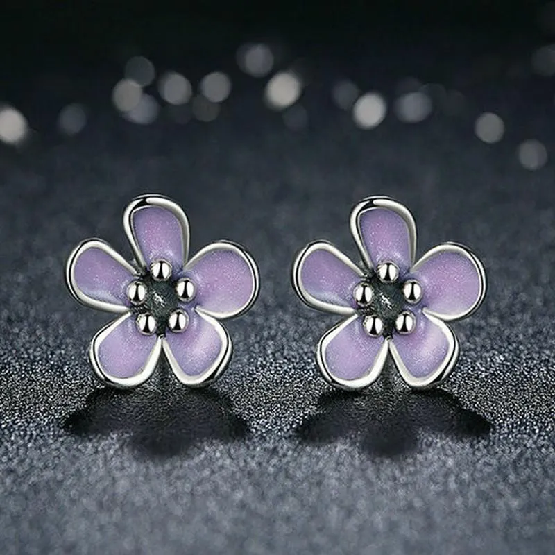 Stud Pink Peach Blossoms Belle fleur 925Silver Boucles d'oreilles Marguerites violettes pour les filles Cute Sakura Cherry Blossom