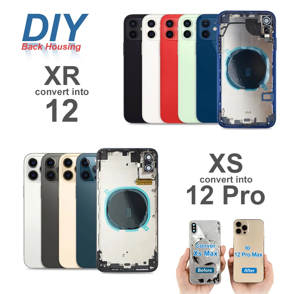 DIY 하우징 X XS와 같은 iPhone XR 용 DIY 하우징은 12 11 Pro Max Back 유리 중간 프레임 섀시 배터리 배터리 커버 풀 하우징 어셈블리