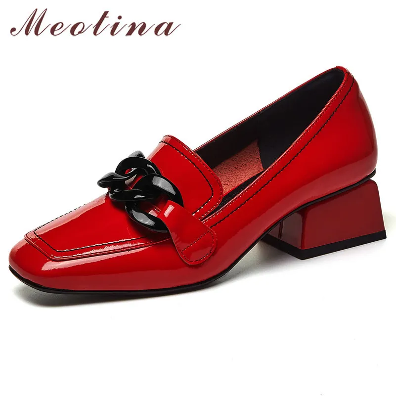 Meotina Shoes Women Natural Genuine Leather High Heel Pumps Fashion Square Toe Footwear Thick Heels Dress Shoes Spring Black 42 210520