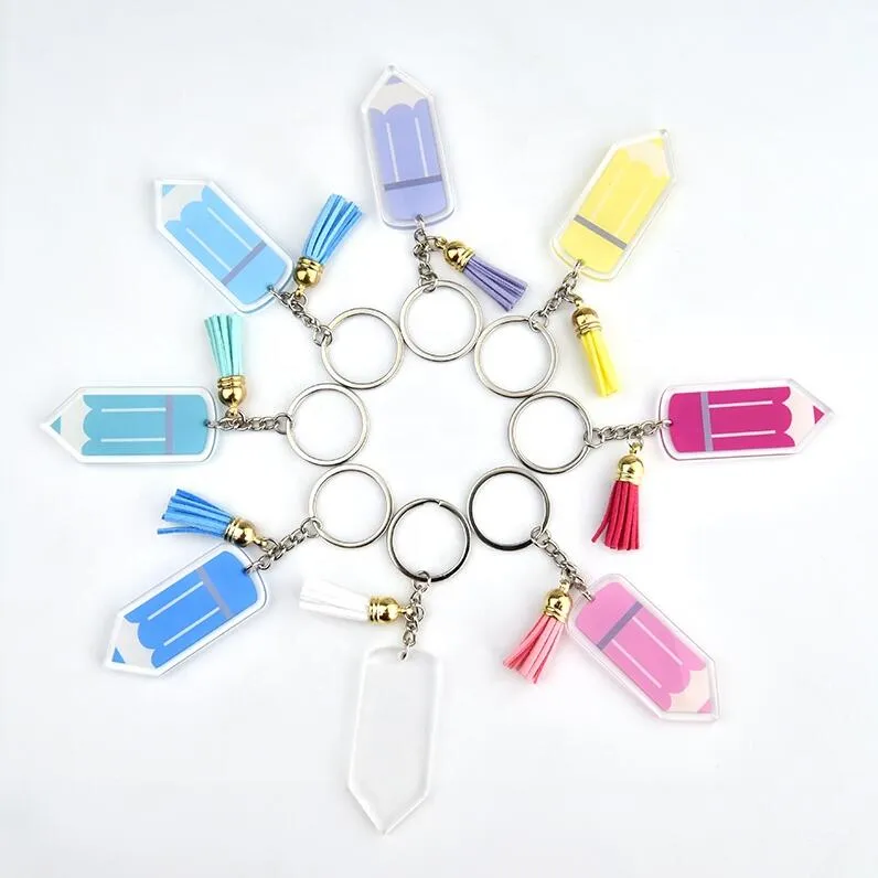 Custom Personalized Teachers Day Acrylic Pencil Keychain Fashion Tassel Pencil Keychains For Teacher Gifts