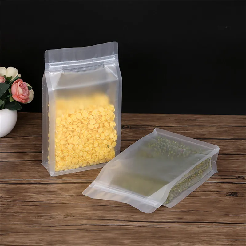 500pcs / lote Disponível Bloqueio de Zíper Fique para cima Limpar Bolsa De Plástico Fosco Matt Side Gusset Bag Cereais Farinha Alimentar Embalagem