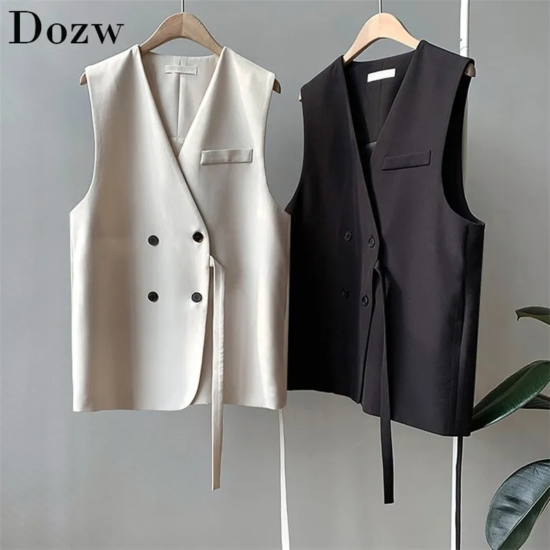 Chic Höst Blazer Vest Kvinnor Solid V Neck Office Waistcoat Med Bälte Casual Dubbel Breasted Ärmlös Jacka Coat 210515