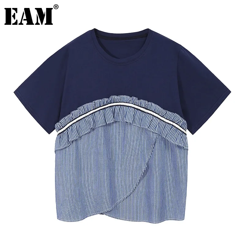 [EAM] Women Blue White Striped Ruffles Big Size T-shirt Round Neck Short Sleeve Fashion Spring Summer 1DD8691 210512