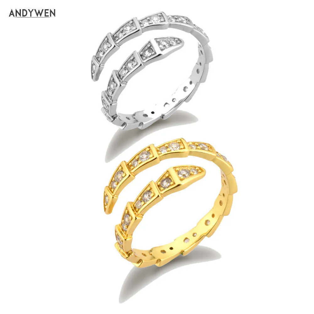 ANDYWEN 925 Sterling Silver Gold Stage Zircon Pave Snake Resizable Ring Rock Punk Fashion Fine Jewelry For European Women 210608