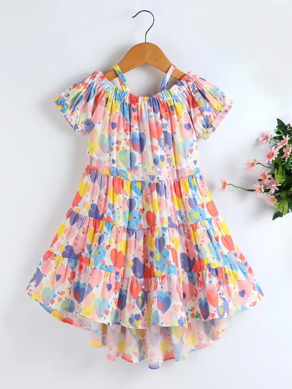 Toddler Girls Allover Heart Print Puff Sleeve Ruffle High Low Hem Dress SHE
