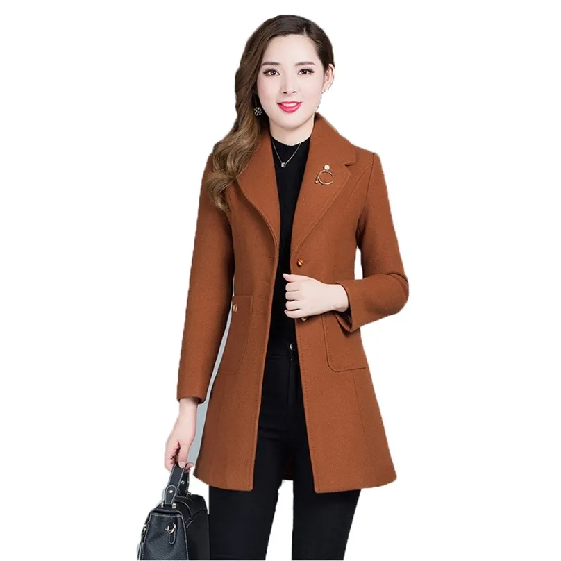 Winter Mom Wollen Vrouwen Rode Caramel 4XL Plus Size Slanke Tops Koreaanse Lange Mouw Revers Mode Blends Coat Feminina LR647 210531