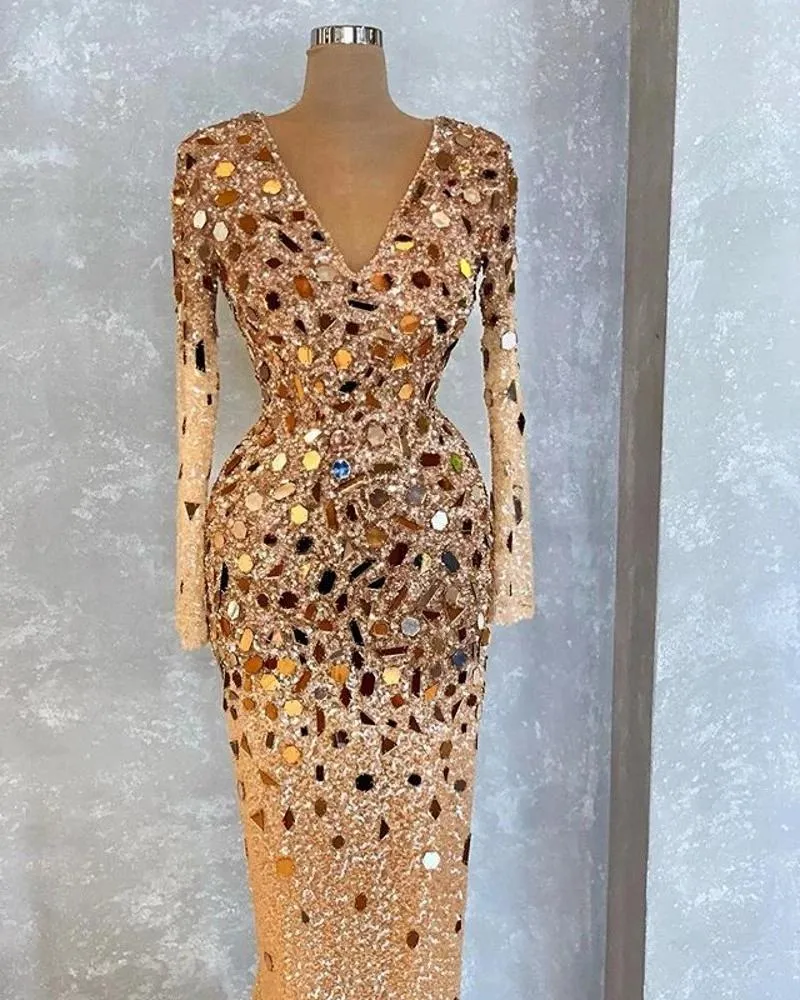 Gold Sequined Lace Gold sparkly prom dress with Crystal Beading and Long Sleeves - 2022 Dubai Mermaid Evening Gown for Formal Parties and Pageants