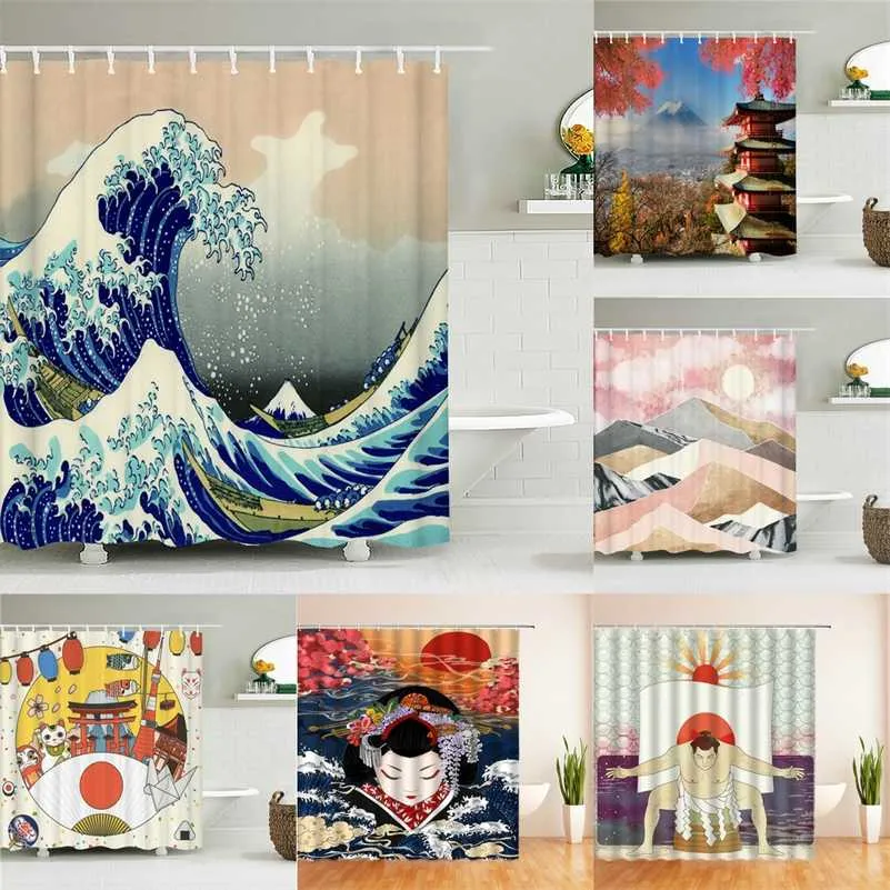 Japanese Style Cute Shower Curtain Sets 3d Ink Painting Bathroom