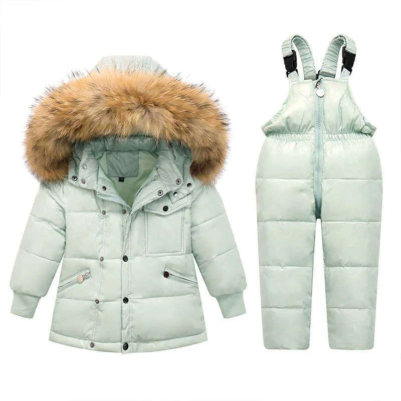 Zimowe zestawy odzieży dla dzieci śnieg zużycie kurtki dziecięca chłopiec maluch dziewczyna snowsuit ubrania dla dzieci Parka prawdziwy futra z kapturem -30