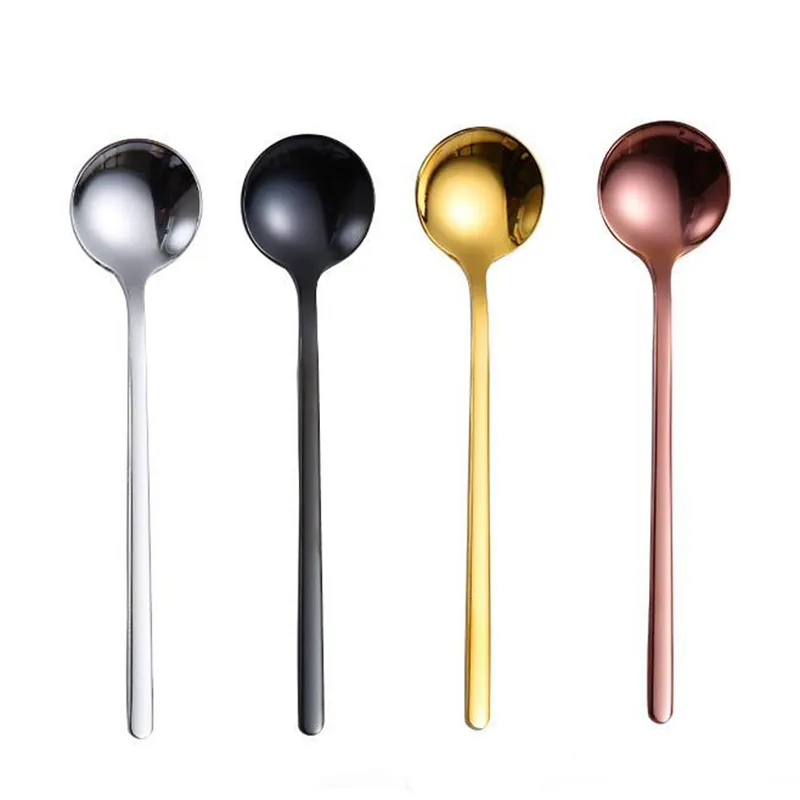 Stainless Steel Round Spoons Metal Long Handle Coffee Scoop Simple Milk Honey Stirring Spoon Kitchen Bar Tableware