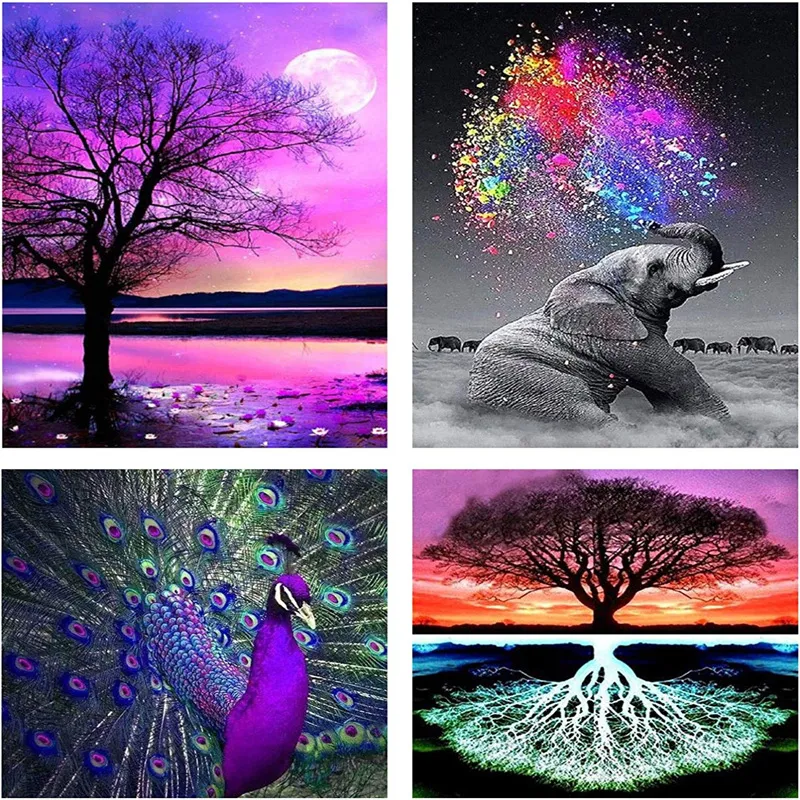 4 st / set 5D DIY Diamond Painting Kit för vuxna Fullständig borrbroderi Konsthantverk Hemvägg Decor Peacock Elephant Trees XBJK2106