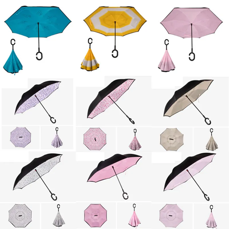 Windproof Reverse Umbrella Folding Double Layer Inverted RainUmbrella Self Stand Inside Out Rain Protection C-Hook Hands WLL554-1