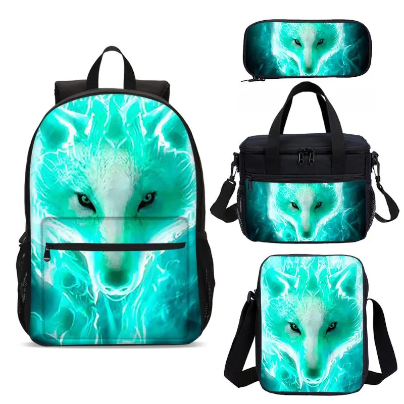 Школьные сумки Green Wolf Pattern 3d Print Backpack набор 4 шт. Сумка для ребенка Студенческая книга Вернуться к дару