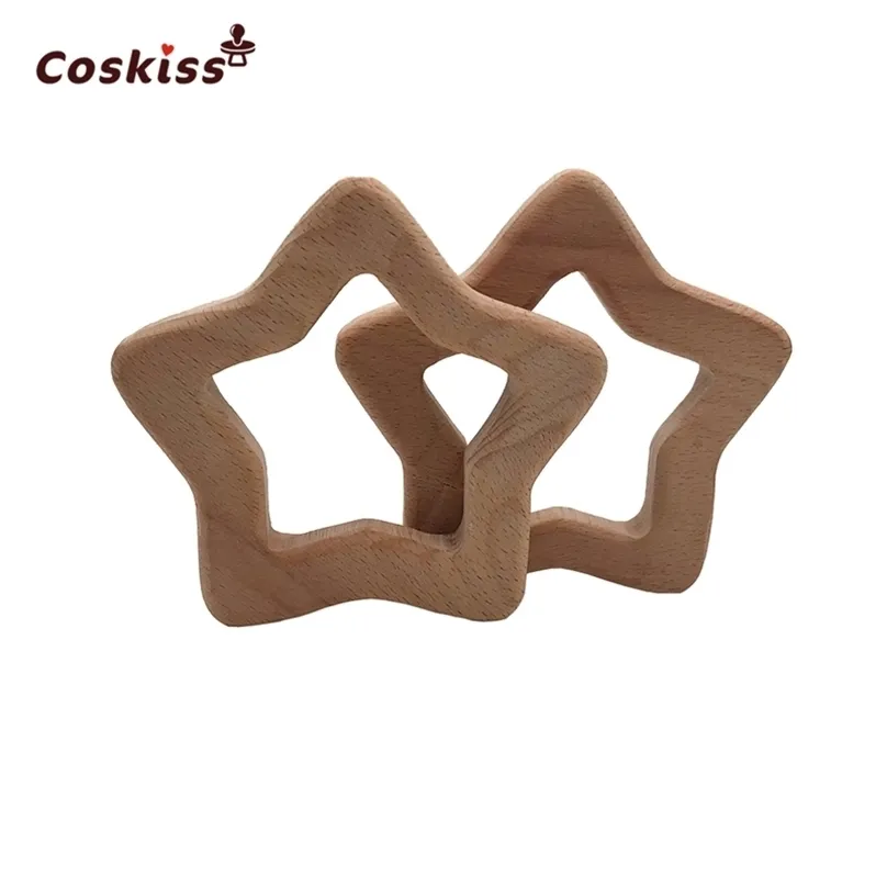 Coskiss 10pcs Main Hêtre En Bois Étoile Dentition Bébé Jouets De Dentition BRICOLAGE Artisanat Pendentif À Croquer Sucette Chaîne Accessoires 211106