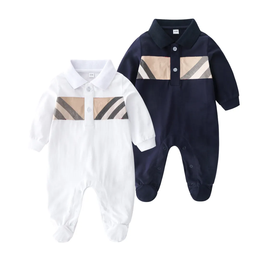 Nuevo primavera otoño moda marca estilo recién nacido ropa de bebé algodón manga larga plaid a rayas a rayas niño chico mameluco 0-24 meses