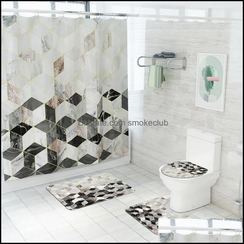 4pcs/set Creative Marble Printing Bathroom Waterproof Shower Curtain Pedestal Rug Lid Carpet Toilet Cover Bath Mat Set