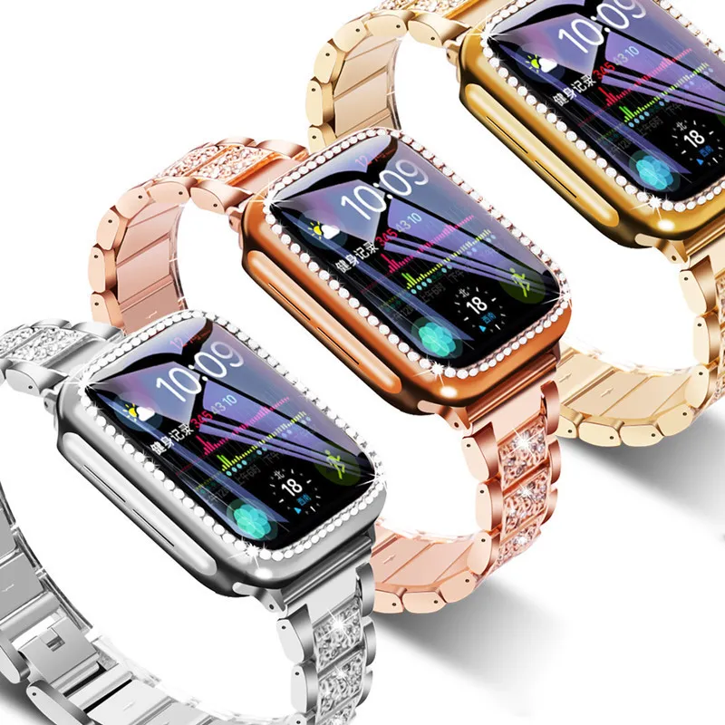 Boîtiers de montre en diamant + bracelet Bling pour bracelet Apple Watch 40mm 44mm 41mm 45mm 38mm 42mm Bracelet en métal diamants série iWatch 1 2 3 4 5 6 se 7 bracelet de montre