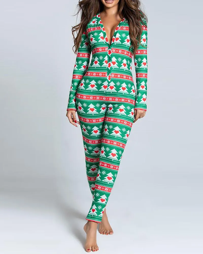 Christmas tree print functional buttoned flap adults pajamas cheap