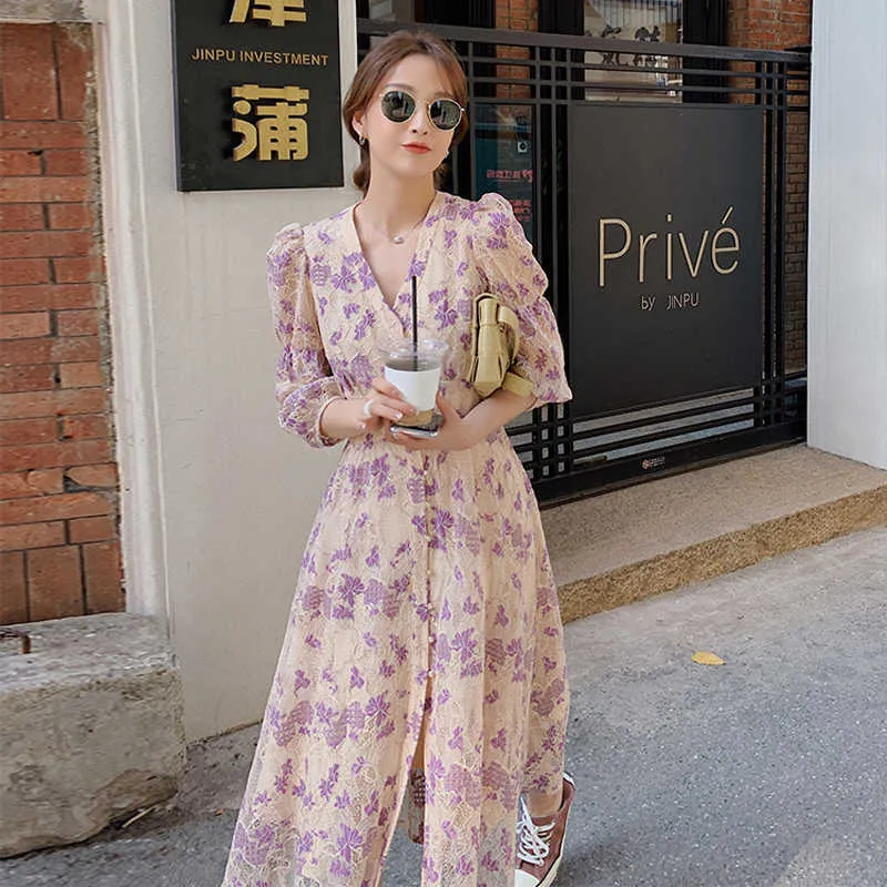 French Floral Puff Sleeve Beach V Neck Dress Vintage Style French Floral Puff Sleeve Beach V Neck Dress Vintage Style