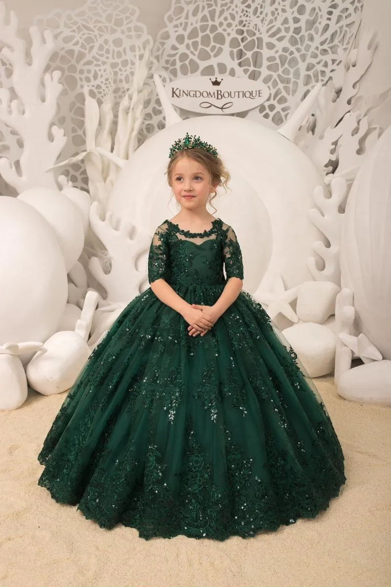 Girl's Dresses Vintage Green Ball Gown Flower Girl For Wedding Beaded Lace Short Sleeve Toddler Girls Pageant Dress Kids Formal Wear