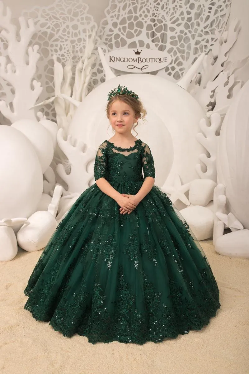 Meisjes Jurken Vintage Groene Baljurk Bloemenmeisje Voor Bruiloft Kralen Kant Korte Mouw Peuter Meisjes Pageant Jurk Kinderen Formele Kleding