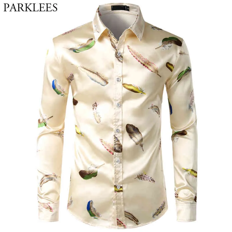 Fjäder tryckt silke skjorta män satin slät långärmad casual party knäppas ner designer tröjor för camisas hombre 210524