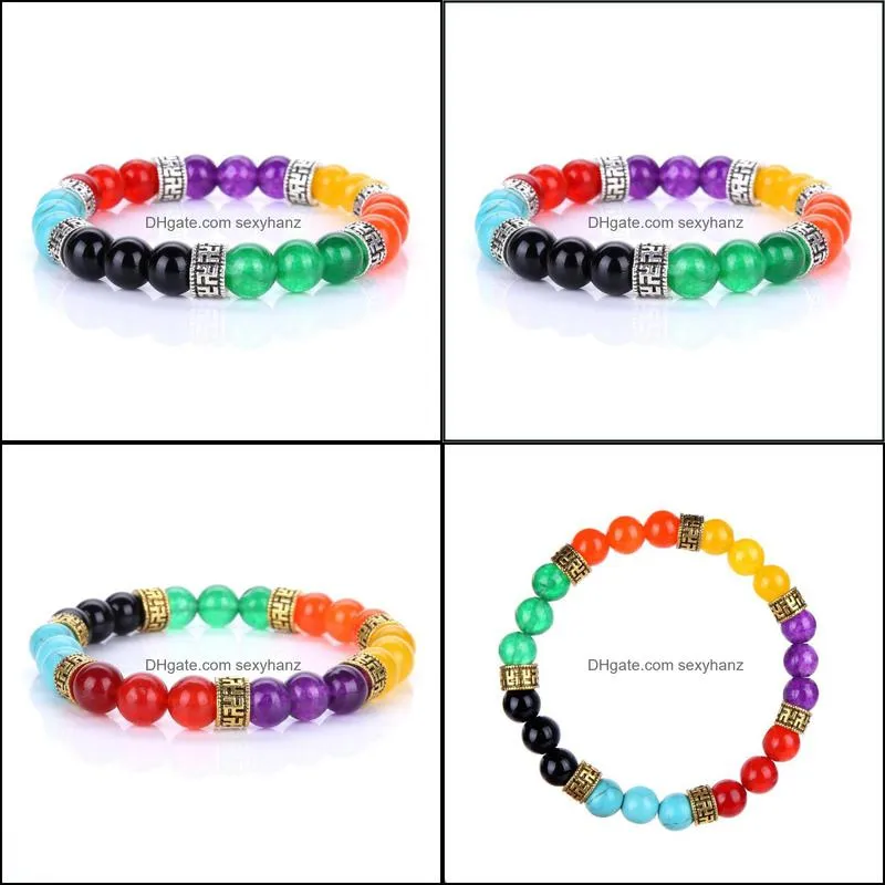 Natural Stone Seven Chakras Strand 8mm Purple Red Yellow Black Colorful Rainbow Beads Bracelet Buddha Stretch Yoga Men Jewelry Beaded,