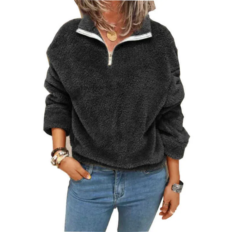 Streetwear Fashion Plus Size Plush Sweater Women Long Sleeve Zipper V-Neck Casual Pullovers Tops Autumn Winter Warm Sweater Coat X0721