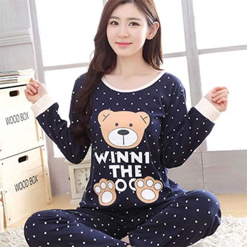 Women Nightwear Sexy Cartoon Print Long Sleeve Pajama Set Plus Size Home Clothes Top+Longpant 211105