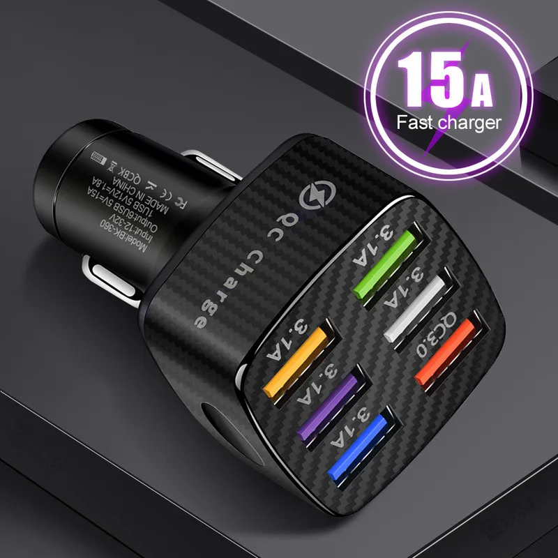 15A 6 portar USB -bil Fast Charging QC 3.0 Adapter Universal Car Phone Charger för Xiaomi iPhone Samsung