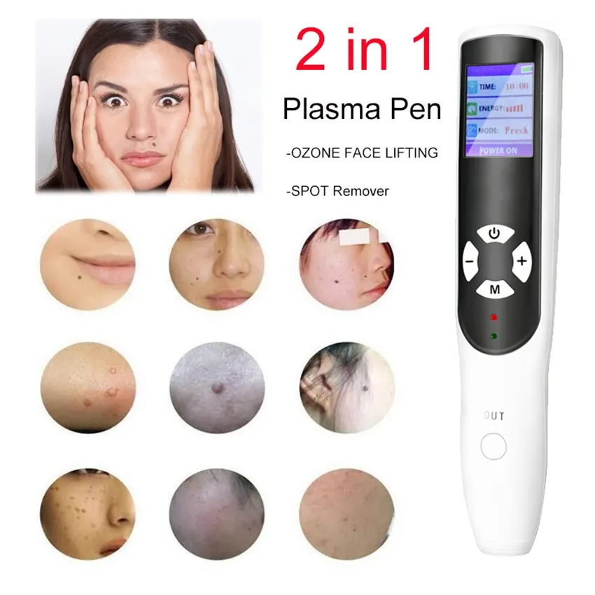 2 i 1 plasmapenna freckle remover maskin och ozon anti-wrinkle enhet LCD mol tatuering hud tag Dark Spot borttagning