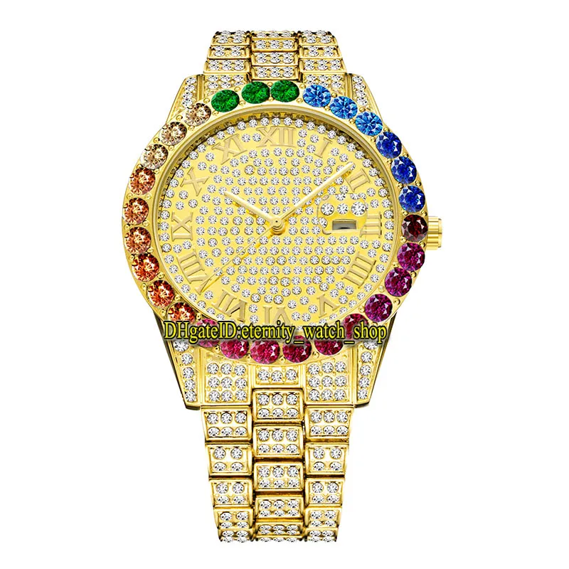 MISSFOX éternité 2643 Hip hop Mode Hommes Montres CZ Diamant Incrustation Cadran Romain Mouvement À Quartz Hommes Montre Glacé Gros Diamants Lunette Alliage Boîtier Bracelet En Or