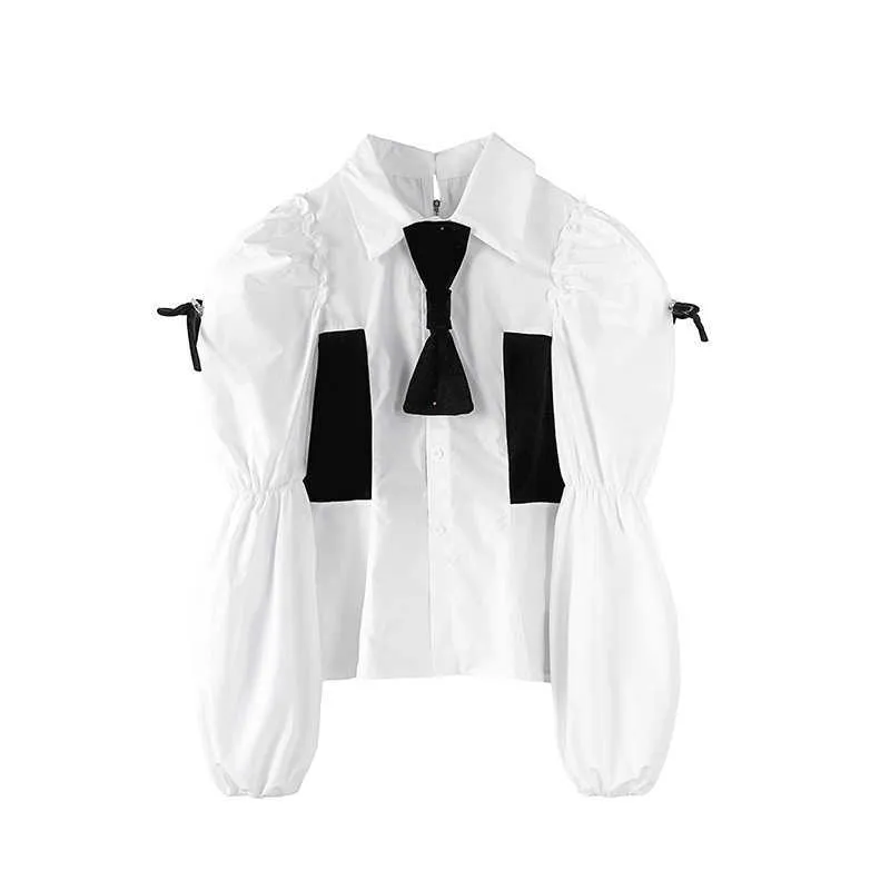 Spring Fashion Bow Tie Puff Sleeves White Women Shirts Waist Cardigan Back Zippered Top Girl 210615