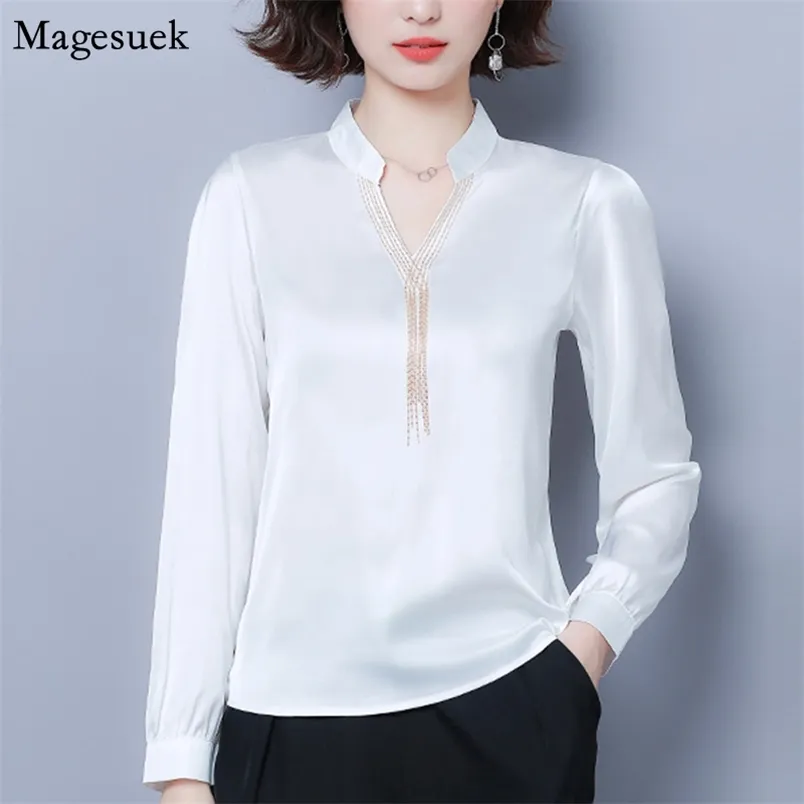 Blusas Artı Boyutu Üstleri Gömlek Kadınlar Rahat Zincir Uzun Kollu V Yaka Zarif Bluz Katı Slim S Bluzlar 5109 210512