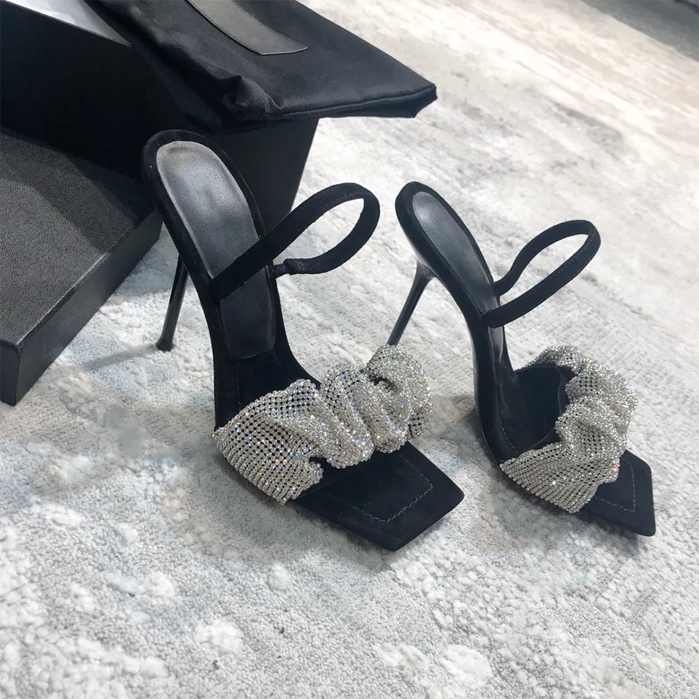 2021 Top Quality Summer Women High heeled sandals Ankle Strap Sequined Cloth crystal scrunchie Party Shoes Weeding With box