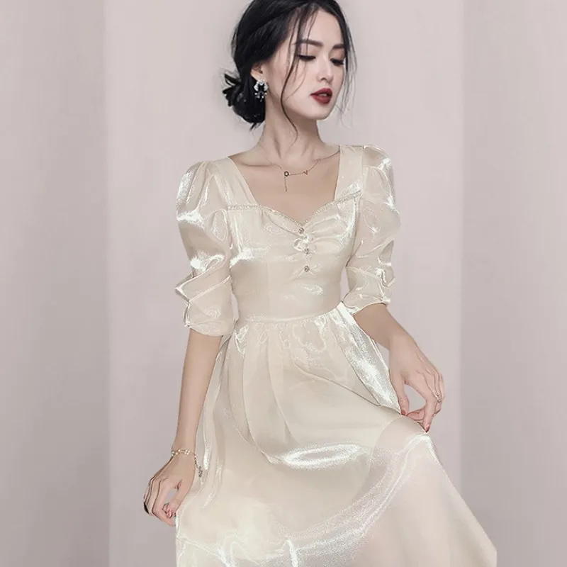 Summer Women Fairy Dress Chiffon V-Neck Puff Sleeve Slim Waist Mid-Calf  Office Lady Dress from Dhgate Basic & Casual Dresses - price 52.97