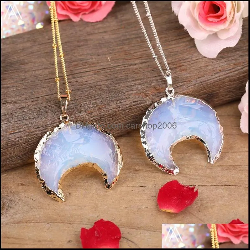 Chains Natural Opal Stone Crescent Moon Beads Pendant Silvery Gold Tennis Adjustable Necklace Jewelry For Women Dropship